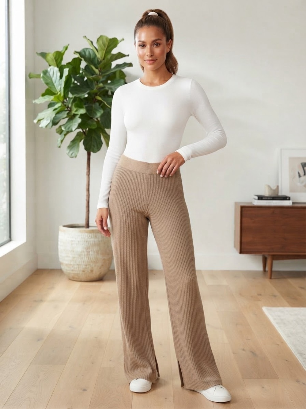 The Drop Ribbed Wide-Leg Knit Pants in Camel - NWT
